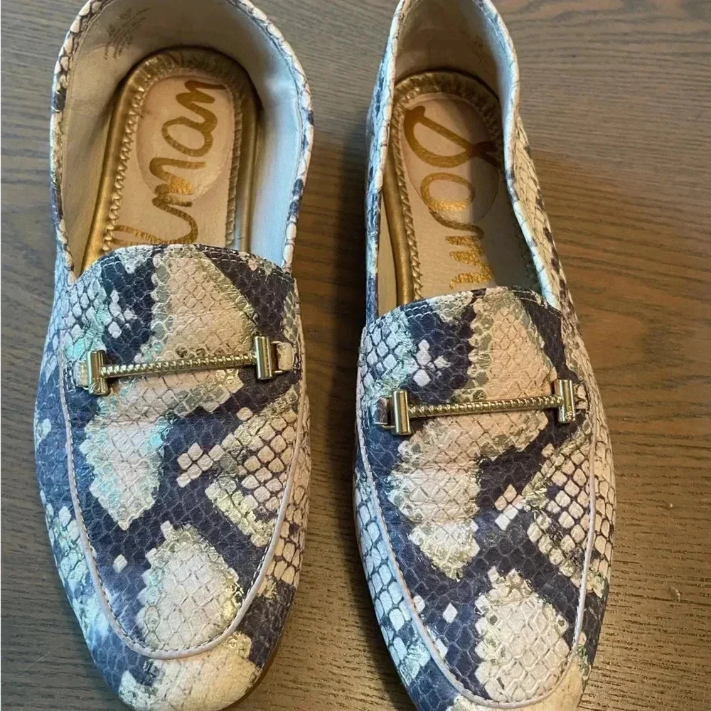 Sam Edelman Snakeskin LIOR Loafers Size 4 Leather Black/Beige & Gold Shimmer